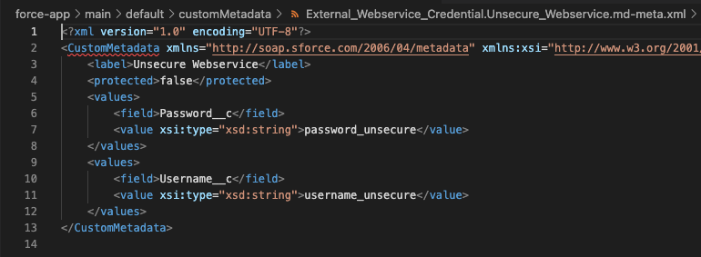 A screenshot of exposed username and password in the org&rsquo;s metadata.