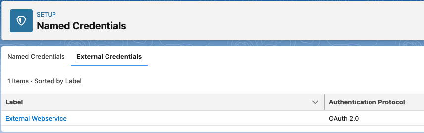 A screenshot of an external credential in a Salesforce org. You can see the OAuth 2.0 protocol being used.