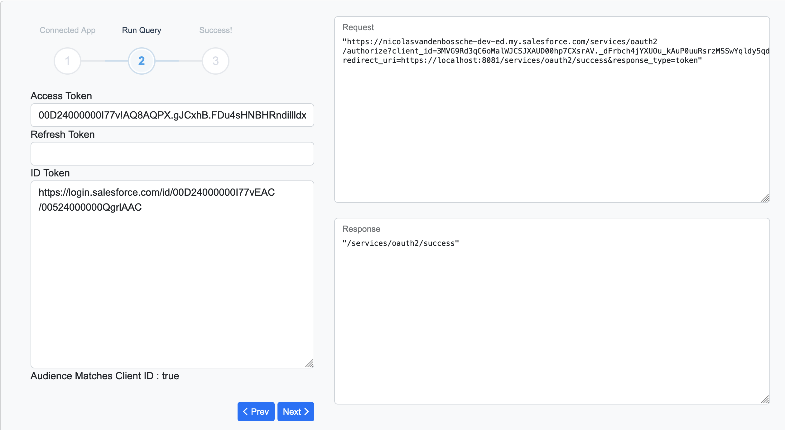 A screenshot of the application showing the second step of the User-Agent flow, while also showing the request and reply from the previous action.